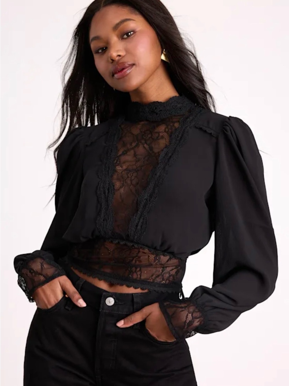 Lulu's Black Lace-Inset Long Sleeve Sheer Blouse